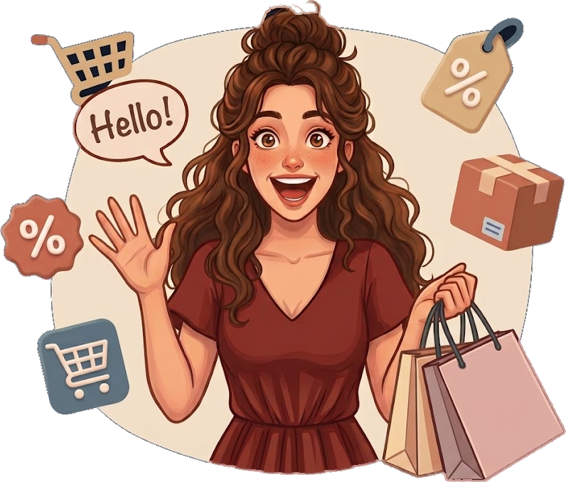 The AliSmart shopper waving hello, holding shopping bags