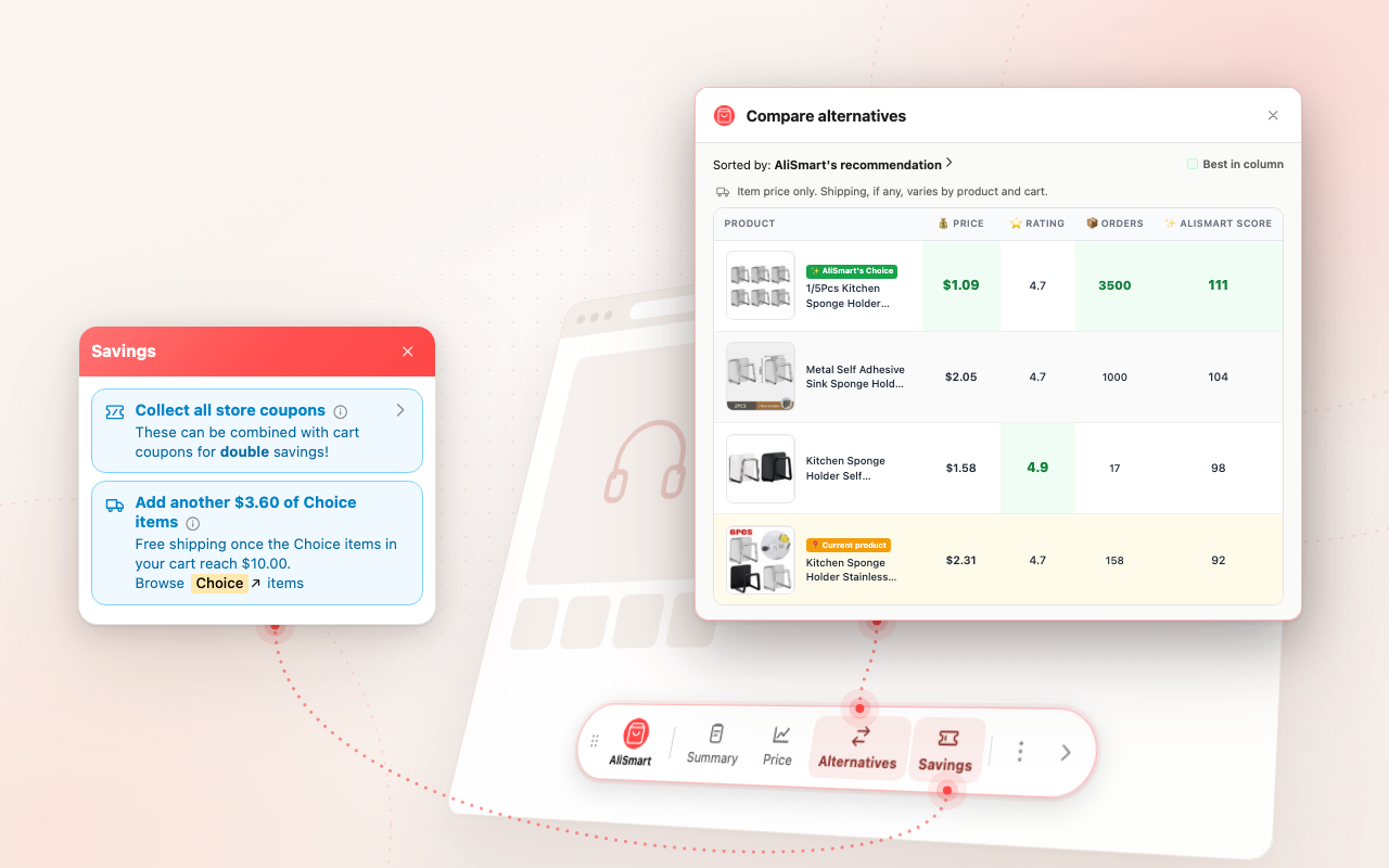 AliSmart comparing identical AliExpress products from different sellers, with store coupons and free shipping tip