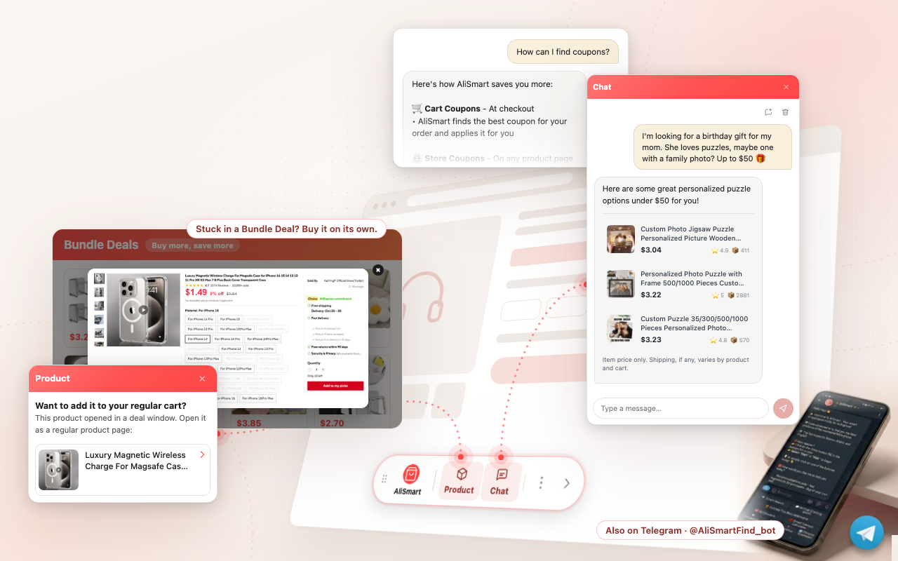 AliSmart AI chat, buying a single item from a Bundle Deal, and the Telegram bot