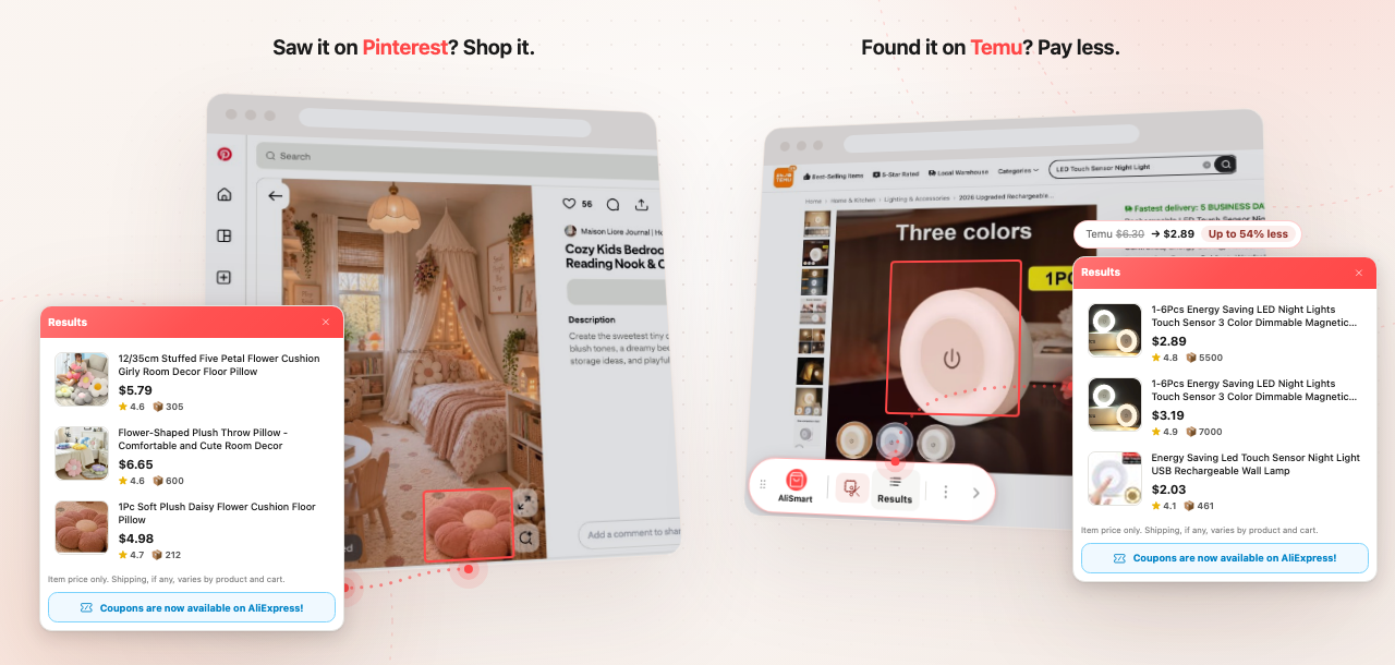 AliSmart finding products from Pinterest and Temu on AliExpress